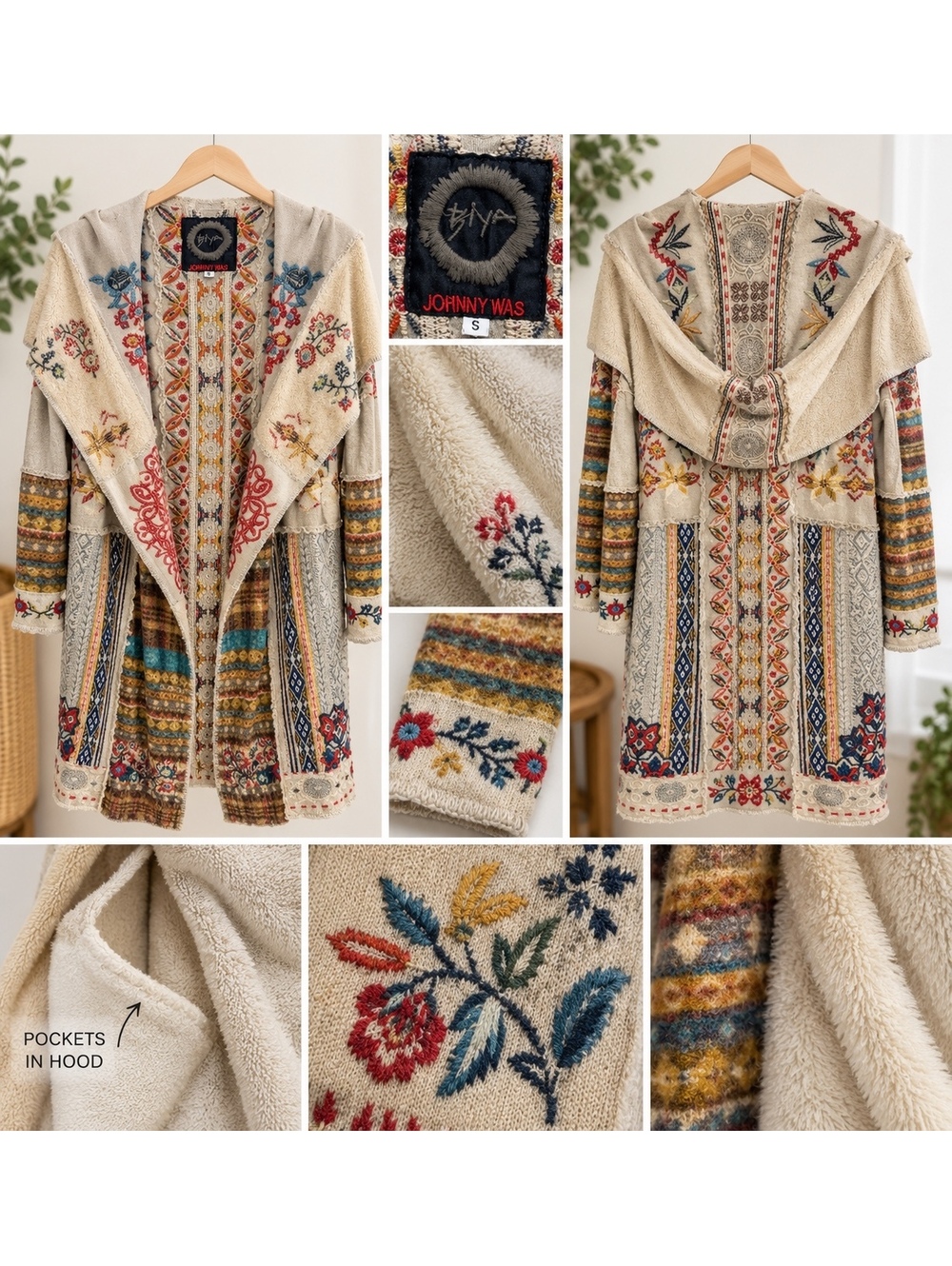 JOHNNY WAS EMBROIDERED HOODED PATCHWORK CARDIGAN COAT – SIZE SMALL